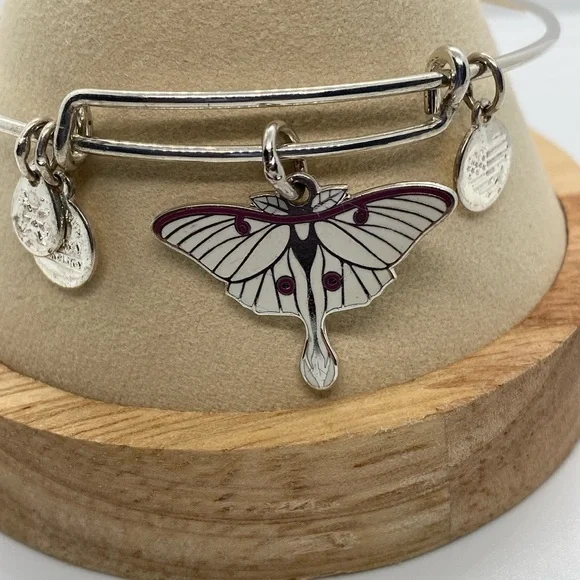 Alex and Ani Luna Moth Charm Bangle Bracelet/Shiny Silver/Very Good Condition - Picture 2 of 6